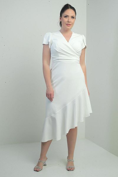 By Saygı Women's Double Breasted Lapel Front Draped Lined Skirt Flounces Large Size Crepe Dress