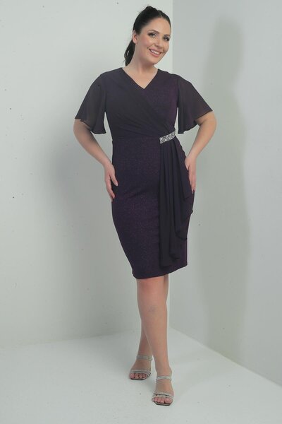 By Saygı Plus Size Glittery Short Dress with Chiffon Sleeves and Stone Lining on the Side