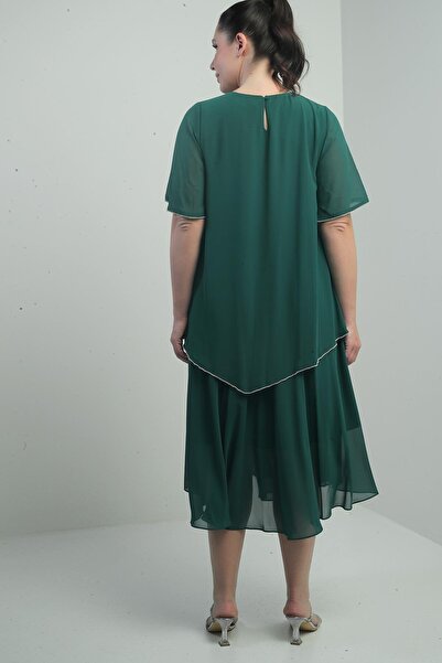 By Saygı Γυναικείο κοντό μανίκι βολάν με λεπτομέρεια από πέτρα σιφόν μίντι φόρεμα