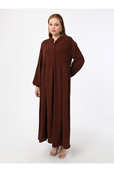 ALİA Chief Collar Button Detailed Large Size Aerobin Dress - Bitter Brown - Alia