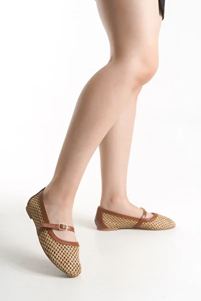 MARSEDO Elisa Women's Round Toe Daily Ballet Flats Beige Straw