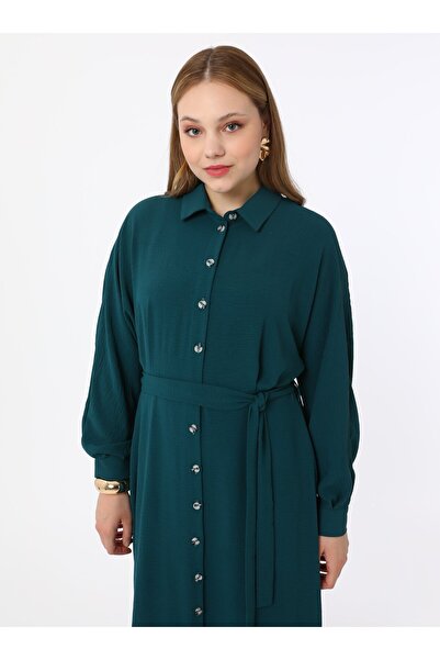 ALİA Büyük Beden Boydan Düğmeli Aerobin Tesettür Elbise - Zümrüt Yeşili - Alia
