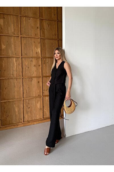 HOEK Kadın Siyah Bağlamalı Yelek Pantolon Takım