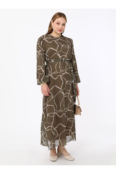 ALİA Plus Size Floral Patterned Chiffon Dress - Khaki- Alia