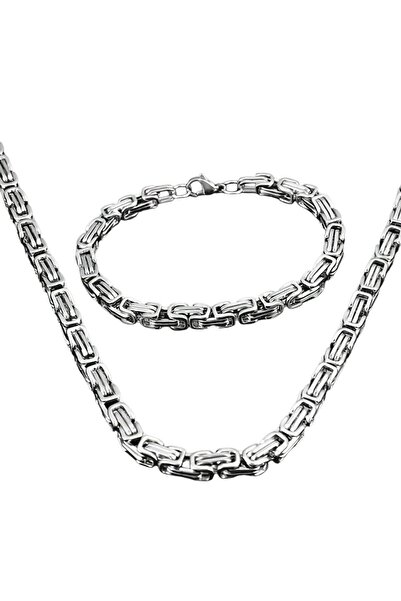 Tasarım Çelik Takı Seti Bileklik Kolye Kral Zincir Model 0.5 Mm 22-55 Cm Bizans Bağlantı Gümüş Silver