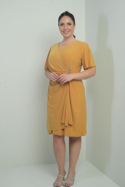 By Saygı Rochie de damă cu decolteu în V, cu mărgele în față, cu detalii de piatră, căptușită, mărime mare, din lycra