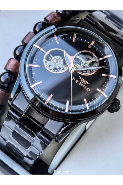 FERRO Men's Watch, Automatic (Without Battery), Steel Band, Black Color, Bracelet Gift