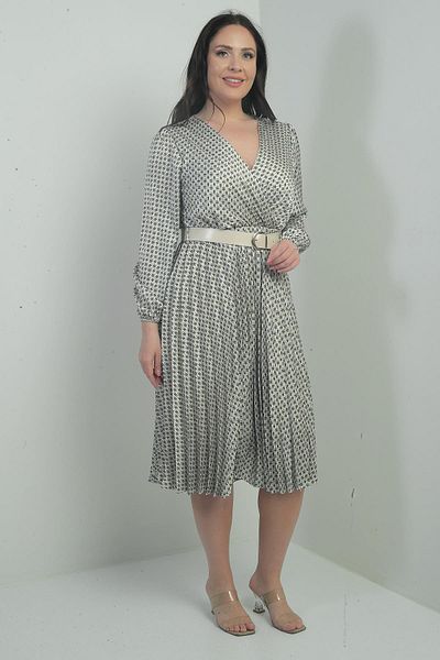 By Saygı Rochie B.B din satin midi pliat cu model, cu două piepturi, cu centură în talie