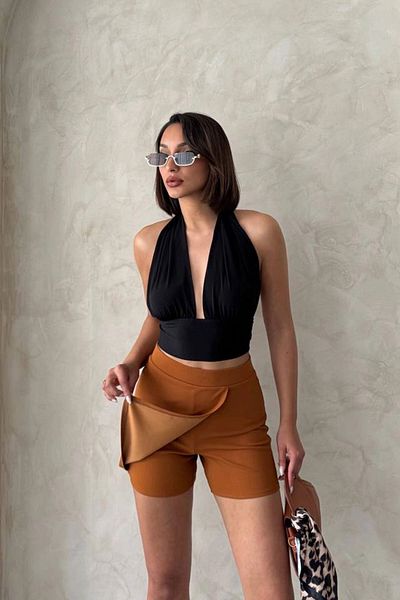 bacc Tan Zippered Front Flowing Shorts Skirt Bchn-2525683