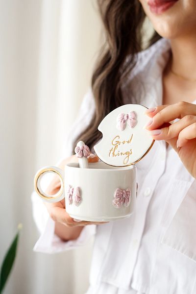 SİNEM YAMAN HOME Good Things Ceramic Mug with Bow Kap and Spoon / Handmade Ceramic Mug with Lid