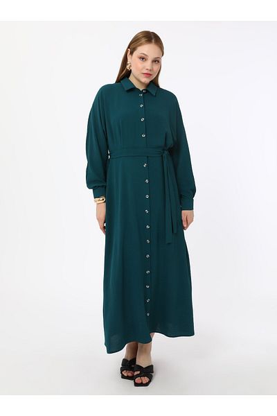 ALİA Plus Size Buttoned Aerobin Hijab Dress - Emerald Green - Alia