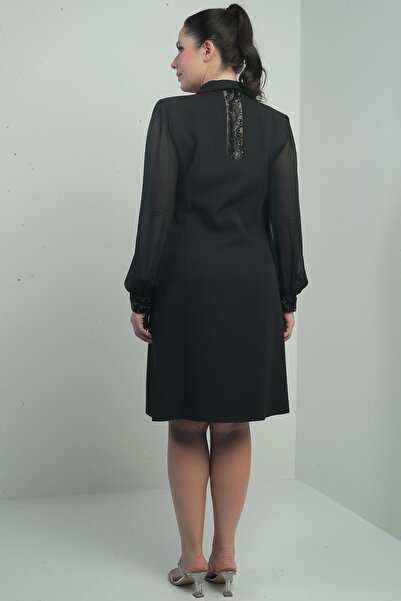 By Saygı Women's Double Breasted Lapel Sleeves Chiffon Bead Detailed Lined Large Size Dress