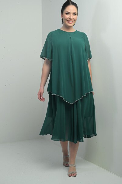 By Saygı Γυναικείο κοντό μανίκι βολάν με λεπτομέρεια από πέτρα σιφόν μίντι φόρεμα