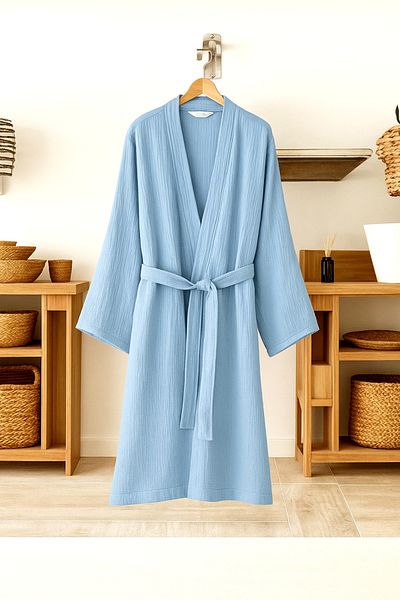CollessiaHome Unisex λεπτό μπουρνούζι κιμονό - 100% οργανικό βαμβάκι, μουσελίνα διπλής στρώσης, φόρεμα, μπλε Indigo
