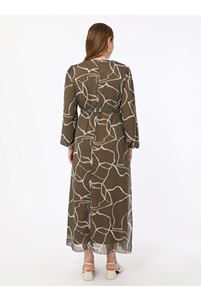 ALİA Plus Size Floral Patterned Chiffon Dress - Khaki- Alia