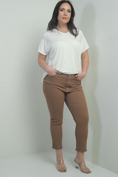 By Saygı Women's Skinny Leg Stripe Stone Detailed Lycra Large Size Canvas Trousers