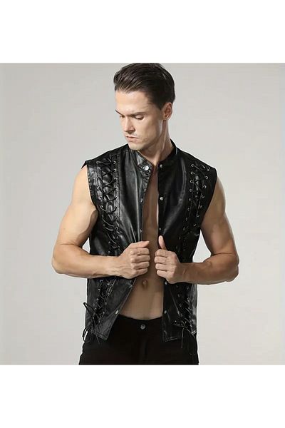 NYC GİYİM TEKSTİL Punk Style Genuine Leather Vest, Leather Rope Tie Silhouette, No Pocket on the Outside, Pocket on the Inside
