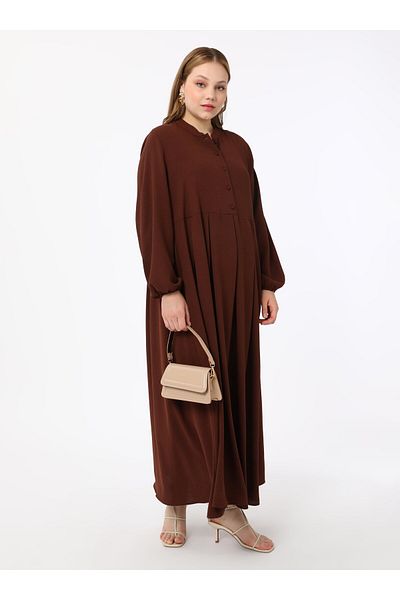ALİA Chief Collar Button Detailed Large Size Aerobin Dress - Bitter Brown - Alia