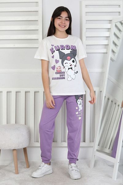 Yağmur Giyim İsob Lilac Kuromi Patterned 100% Cotton Girl Short Sleeve Pajamas Set 8-13 Years 41414-L