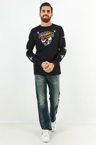 Diesel Men Crew Neck Long Sleeve Printed T-Shirts, Black