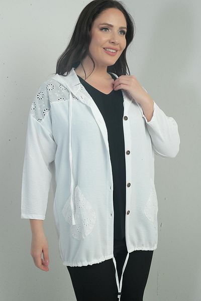 By Saygı Women's Hooded Button Front Pocket Scalloped Plus Size Cardigan