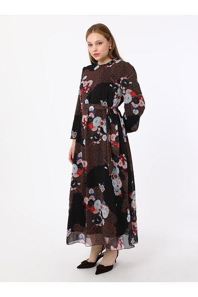 ALİA Plus Size Floral Print Chiffon Dress - Black - Alia