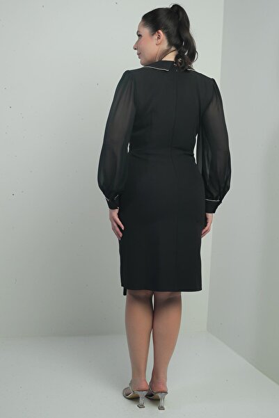 By Saygı Women's Double Breasted Lapel Sleeves Chiffon One Button Large Size Short Dress