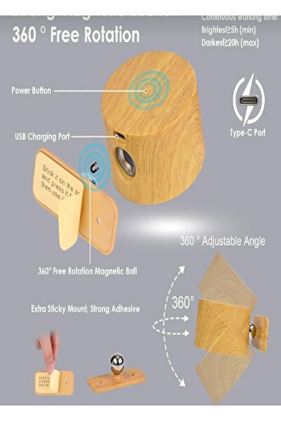 Home Şarjlı Mıknatıslı Duvar Aplik – 360° Dönebilen Led Ahşap Lamba, Taşınabilir Ve Portatif Işık