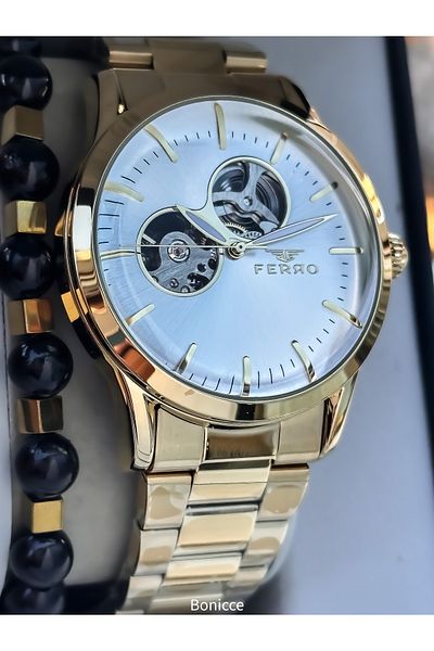 FERRO Men's Watch, Automatic (Without Battery), Steel Band, Yellow Color, Bracelet Gift