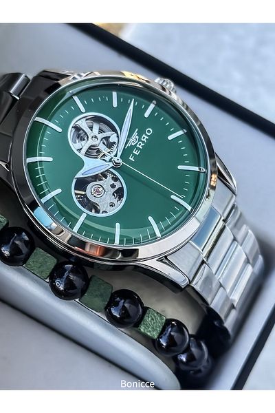 FERRO Men's Watch, Automatic (Without Battery), Steel Band, Silver - Green Color, Bracelet Gift