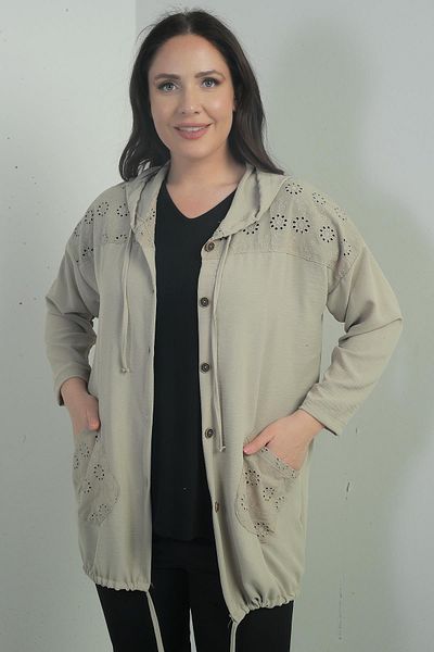 By Saygı Women's Hooded Button Front Pocket Scalloped Plus Size Cardigan
