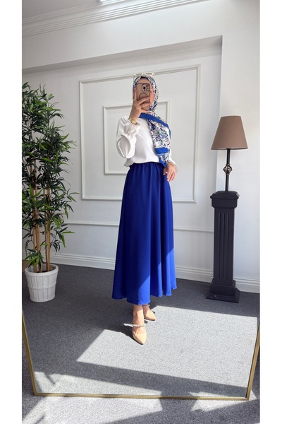 Nisa Nalbantoğlu Сакс Синя Клош Довга Крепова Спідниця