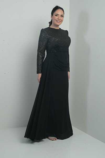 By Saygı Women's Top with Sequin-Bead Detail Lined Waist with Floral Draping Plus Size Long Chiffon Dress