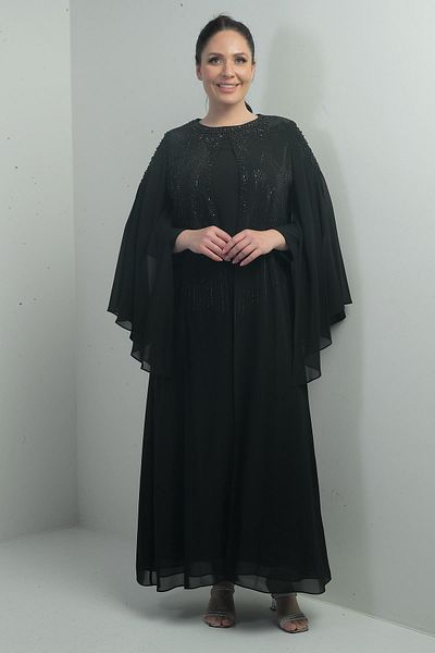 By Saygı Women's Top Stone Bead Printed Cape Lined Long Chiffon Large Size Dress
