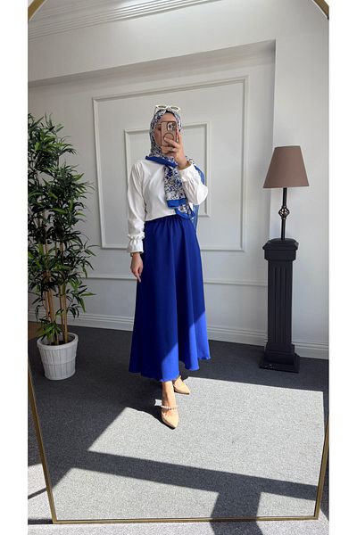 Nisa Nalbantoğlu Saks Blue Flared Long Crepe Skirt