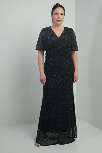 By Saygı Women's V-Neck Lined Front Knot Detail Tube Bead Embroidered Large Size Long Dress