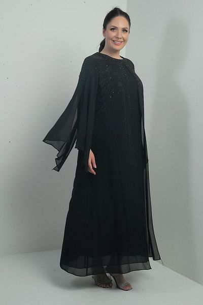 By Saygı Women's Top Stone Bead Printed Cape Lined Long Chiffon Large Size Dress