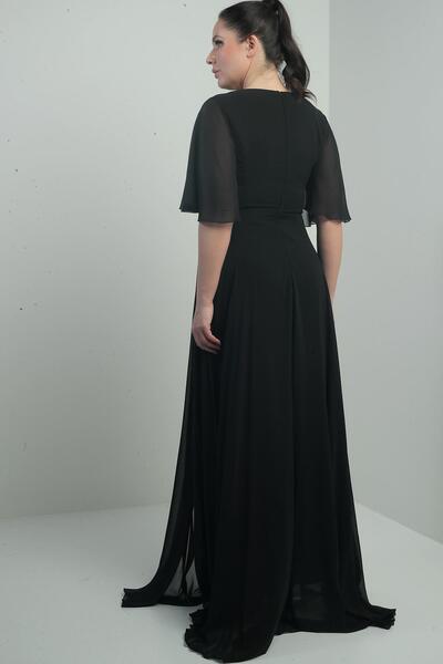 By Saygı Women's V-Neck Waist with Stones Draped Lined Large Size Long Chiffon Dress