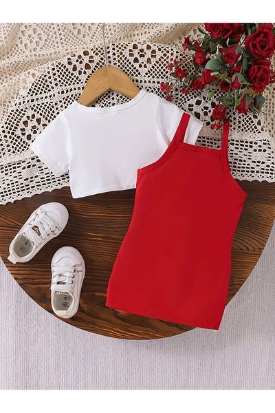DLRboutique Cotton Yes Printed Top Crop White Sweat - Bottom Red Dress