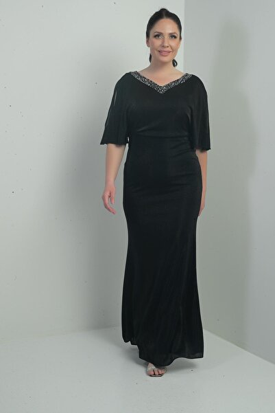 By Saygı Women's Front Back Stones V Neck Lined Low-Cut Bat Sleeve Long Glitter Plus Size Dress