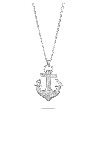 KUZZOI Halskette Herren Anker Anhänger Panzerkette Zirkonia Diamantschliff weiß 925 Sterling Silber Fe