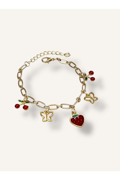 sleyshop Thick Chain Coquette Strawberry Cherry Butterfly Gold Color Bracelet