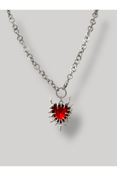 sleyshop Kalın Zincirli Kırmızı Gotik Kalp Kolye