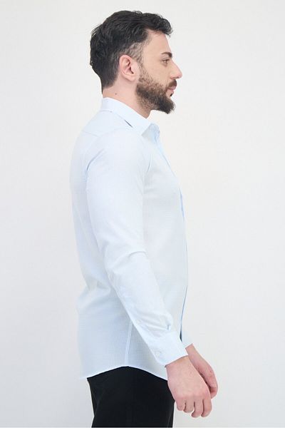 Scotch & Soda Men Modern Fit Micro Check Long Sleeve Dress Shirt, Light Blue