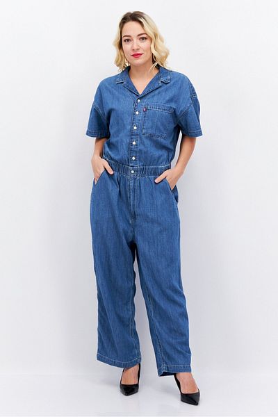 Levi's Women Textured Short Sleeves Denim Jumpsuit, Blue