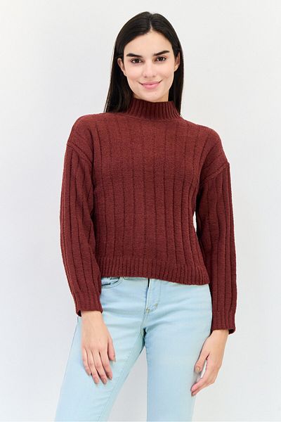 PİNK ROSE Women Mock Neck Textured Sweater, Maroon