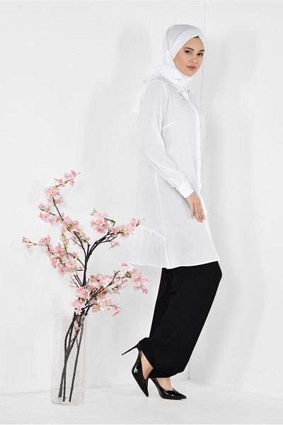 Alvina Brooch Detailed Tunic 4853 - Neckline Flounce and Skirt