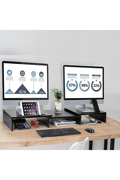 COOYA Dual Monitor Stand,with Adjustable Length and Angle,with 2 Slots,Desktop Organizer