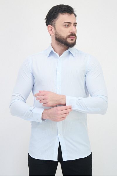 Scotch & Soda Men Modern Fit Micro Check Long Sleeve Dress Shirt, Light Blue