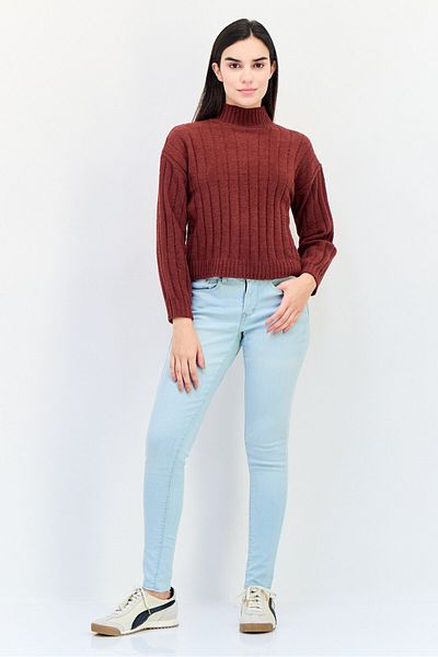PİNK ROSE Women Mock Neck Textured Sweater, Maroon